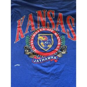 Vintage 90s KU Kansas Jayhawks University Big Logo Blue  Tee T-Shirt XL Nutmeg